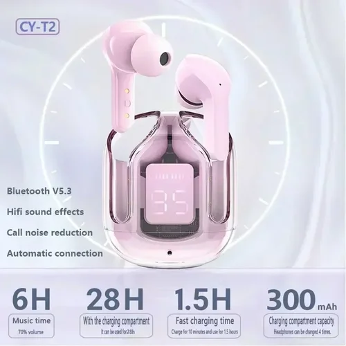 Imagen 2 del producto Auriculares inalámbricos T2 Tws, cascos transparentes con Bluetooth, ENC Power, pantalla Digital, sonido estéreo, para todos los teléfonos inteligentes