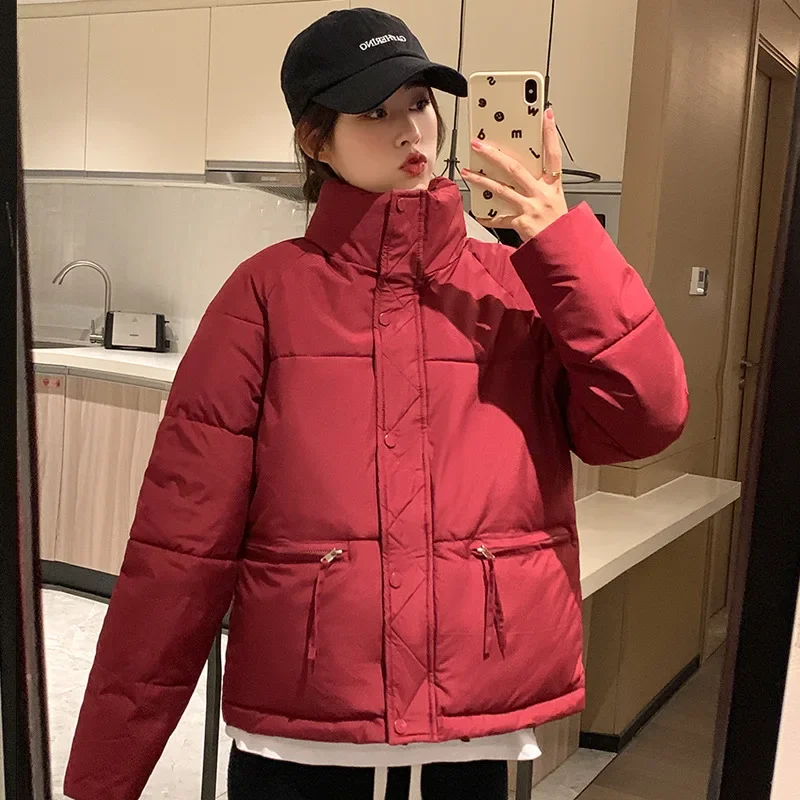 

Korean Style Loose Fit and Warm Cotton Padded Short Parka for Women Stand Collar Red 2023 New Autumn Winter Casual