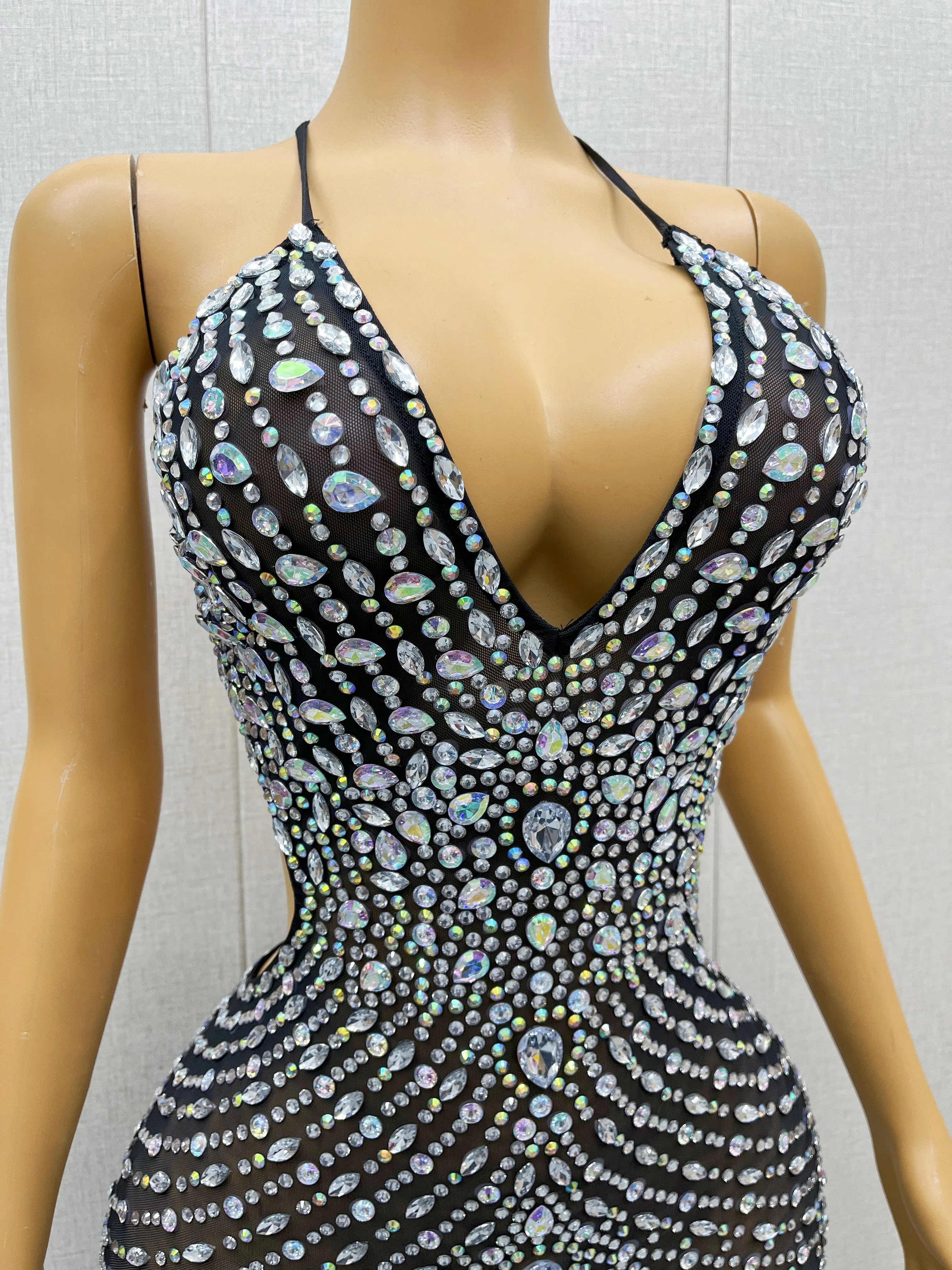 2024 Summer Silver AB Rhinestones Black Backless Split Dress Birthday Woman Sexy Dance Outfit Dance Costume yuehen