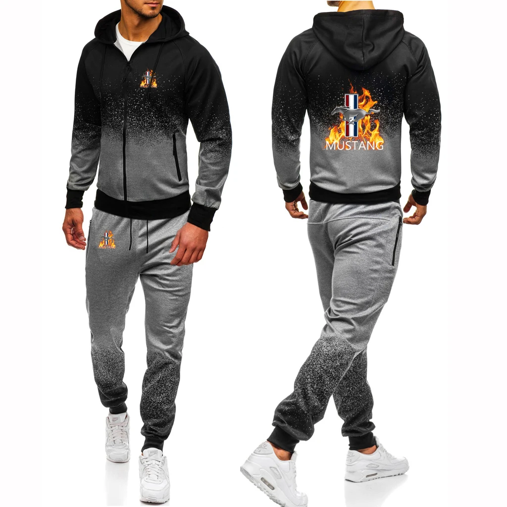 2023 Men's New Spring Autumn Mustang Printing Tracksuit Harajuku Style Sport Gradient Zipper Hoodies Casual Sweatpant Sets