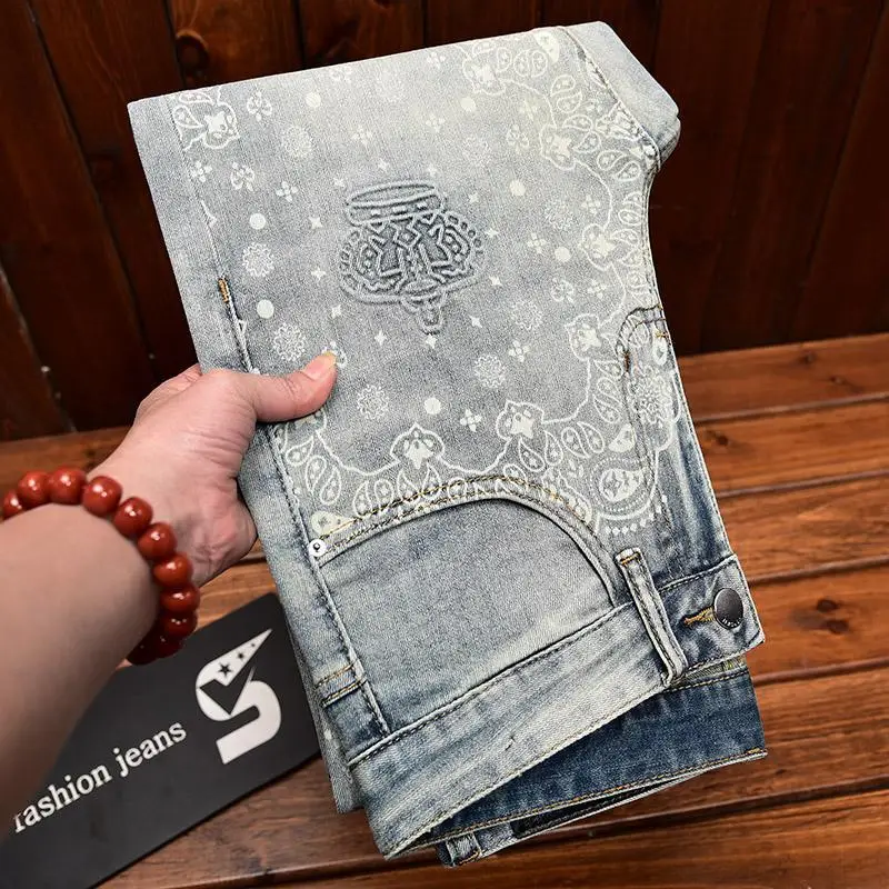 High end design, light luxury printed jeans, men's fashion trend, small foot stretch, slim fit, summer thin denim pants