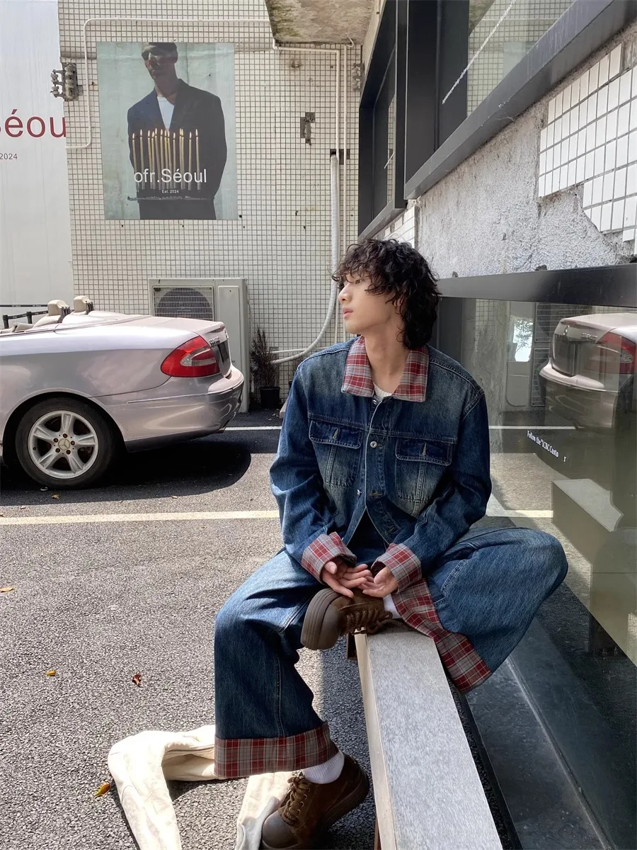 

Мужская джинсовая куртка Waed Blue в корейском стиле с клетчатым воротником, повседневная, универсальная, на весну, осень, зиму, модная, с длинными рукавами