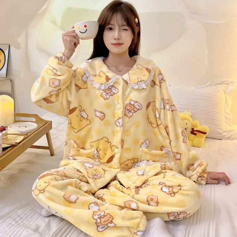 New Cute Sanrio Pom Pom Purin Can Go Out Pajamas Kawaii Doll Collar Ladies Homewear Winter Thickened Warm Long-sleeved Pants Set