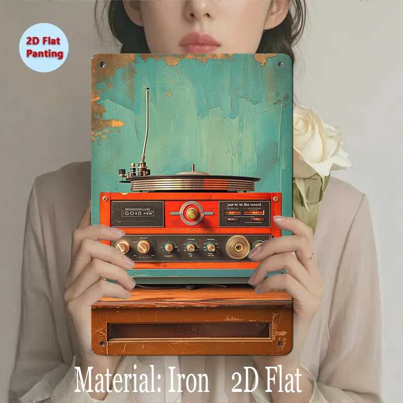 Vintage Turntable Metal Wall Decor - Retro Audio Decoration with Turquoise Background, Heavy-Duty Iron Construction No Wiring Ne