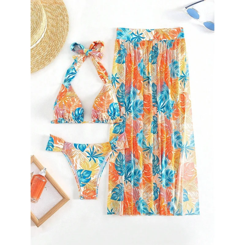 Maillot de bain deux pièces imprimé en maille pour nouvel an, ensemble trois pièces, Sexy, plage, avec jupe fendue,OM20