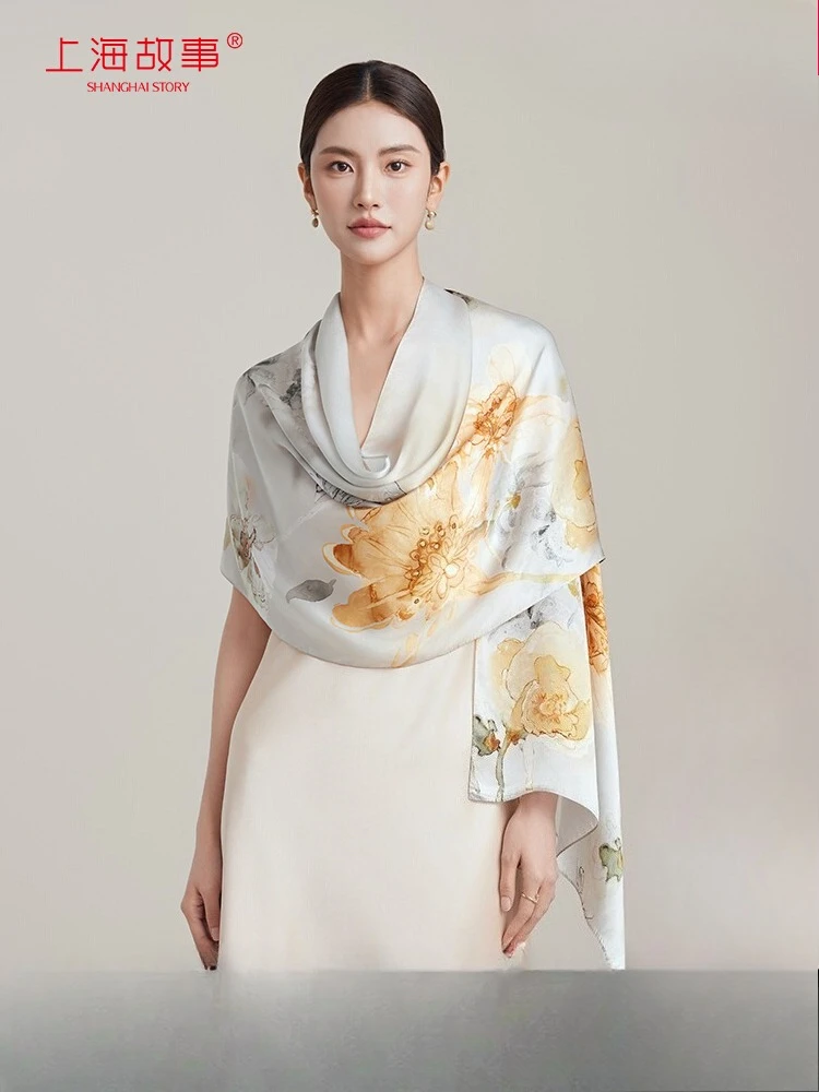 

Shanghai Story 2025 Spring and Summer New Mulberry Silk Long Scarf Silk Shawl Women's Silk Scarf Mom's Gift Box for Elders