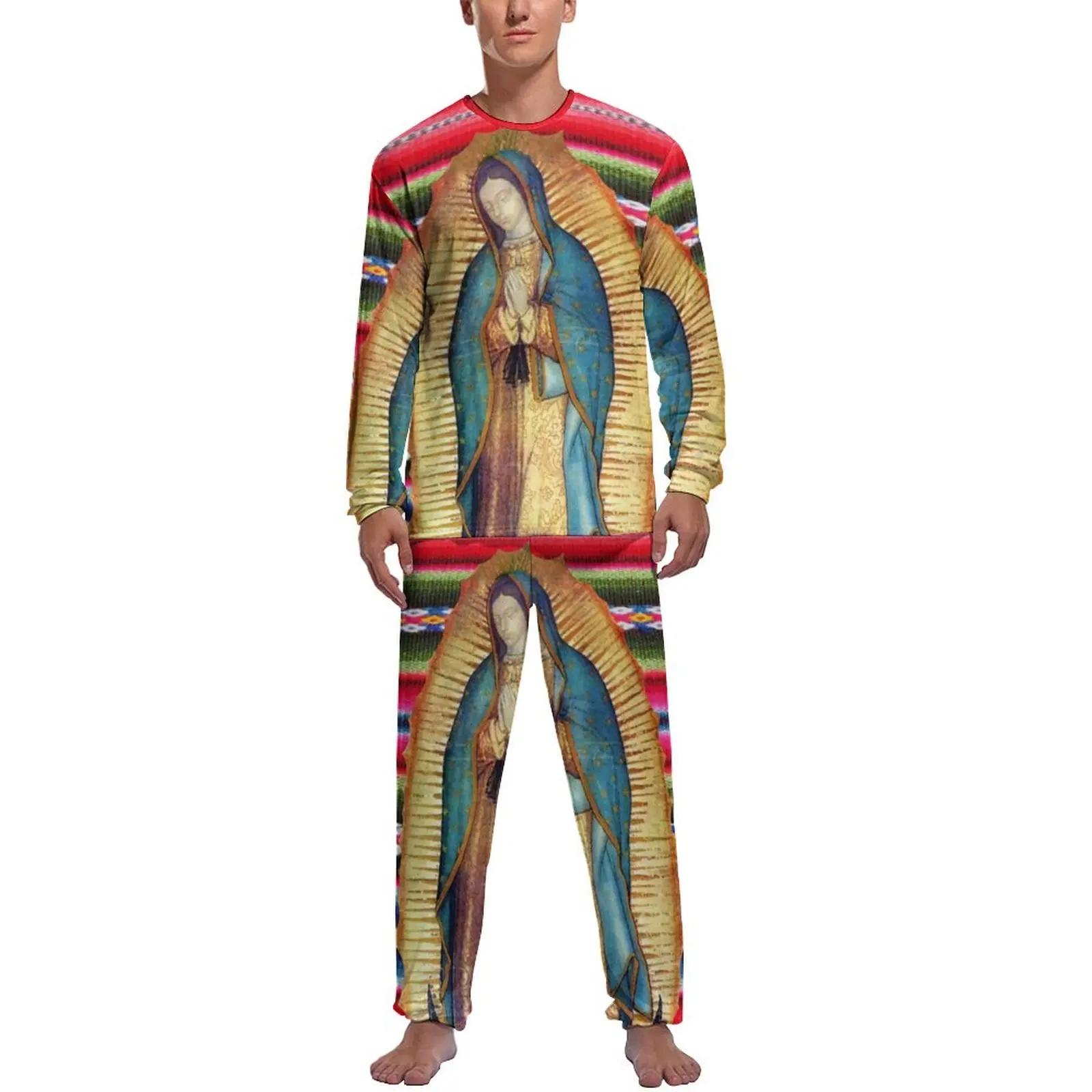 

Virgin Mary Catholic Pajamas Men Our Lady of Guadalupe Cool Nightwear Autumn Long Sleeve 2 Pieces Bedroom Design Pajama Sets