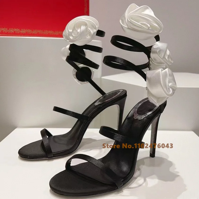 

Summer New Snake Wrapped Rose Blossom High Heel Sandals Wedding Shoes Open Toe Thin High Heel Slip on Sandals Female