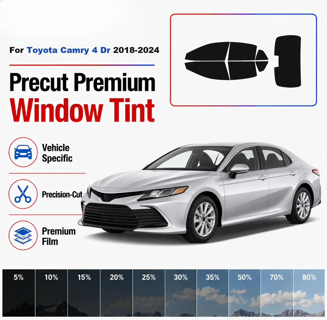 Premium Precut Window Tint Kit Front Rear Windows Rear Windshield For Toyota Camry 4 Dr 2018-2024 Complete Set Nano Ceramic Film