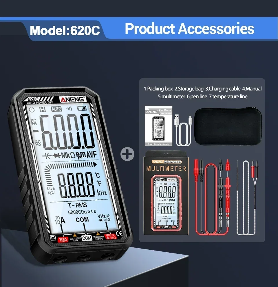 

Профессиональный цифровой мультиметр ANENG 620A, 6000 измерений, тестер напряжения и тока AC/DC, измеритель емкости, сопротивления, диодов, инструмент для измерений