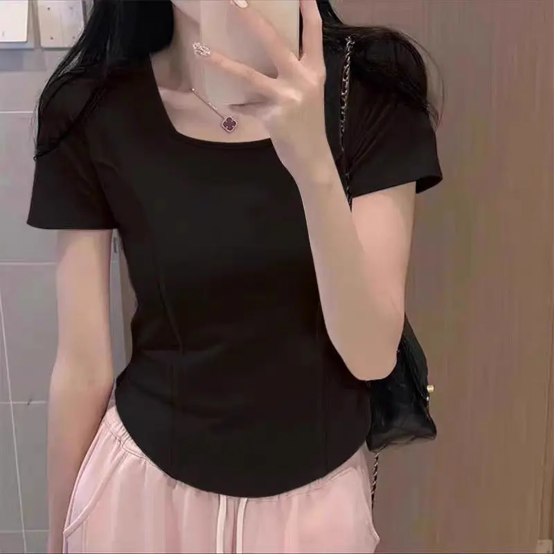 تي شيرت حريمي ضيق يناسب الجميع موضة الصيف بسيطة هاراجوكو شارع العليا الكورية نمط كل مباراة ملابس ناعمة الصلبة Mujer Moda