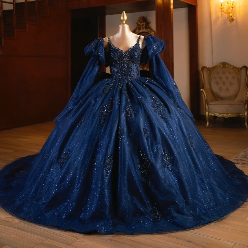 

Navy Blue Shiny Quinceanera Dresses Off The Shoulder Applique Lace Beading Crystal Tull Bow With Cape Party Birthday Sweet 16