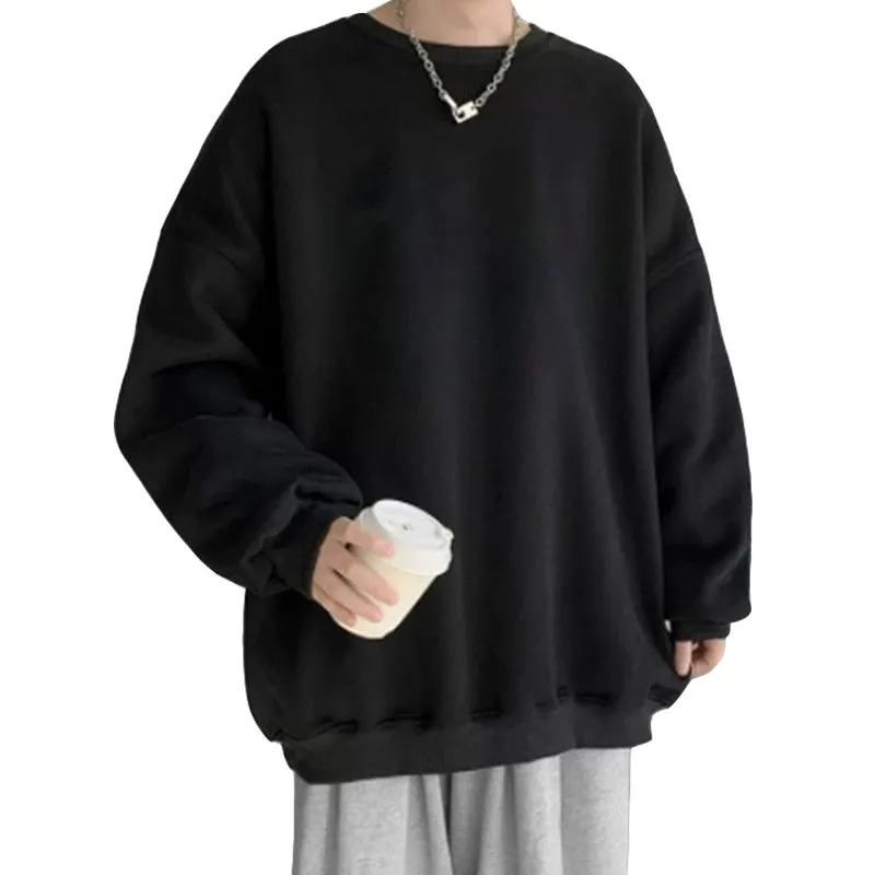 

Autumn Winter Clothes Solid Color Fleece Loose Pullover Sweatshirt Hoodies Men Inner Wearing Trendy Brand Black Girlfriend Tops