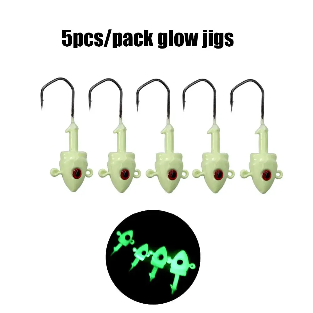 Luminous Glow Jig cabeça para Worm, gancho de pesca, Jig cabeças, chumbo, iscas duras, equipamento, 7g, 10g, 14g, 20g, 5pcs