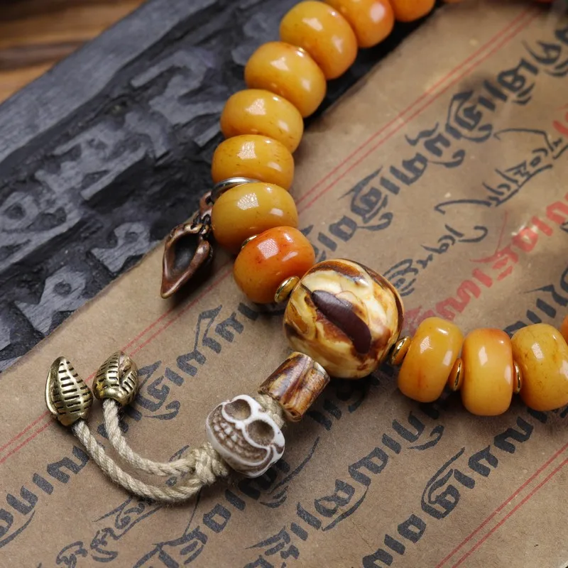 Tibetan Yak Bone Abacus with Mammoth Molar and Three-Way Dzi Bead Agate Bracelet