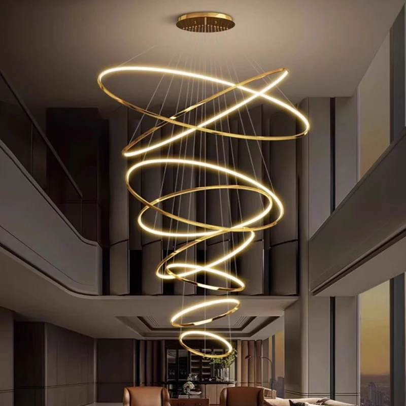 Duplex Living Room Large Chandelier Stainless Steel Light Luxury Simple Villa Loft Apartment Stairwell Circular Pendant Lights