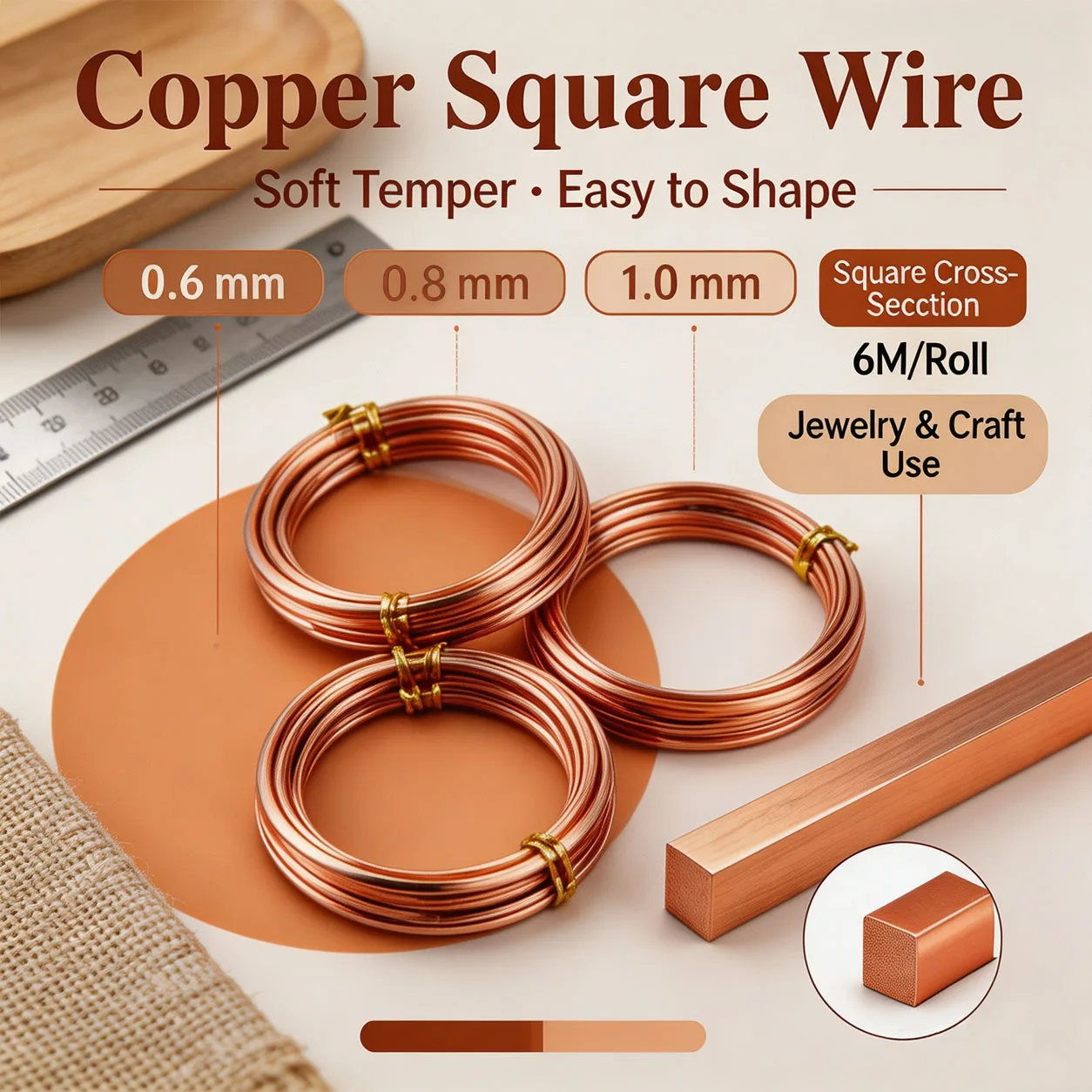 1-5Roll 0.6/0.8/1mm Square Coppers Wire, Bare Coppers Flat Wire for Jewelry Making DIY Craft Accessories