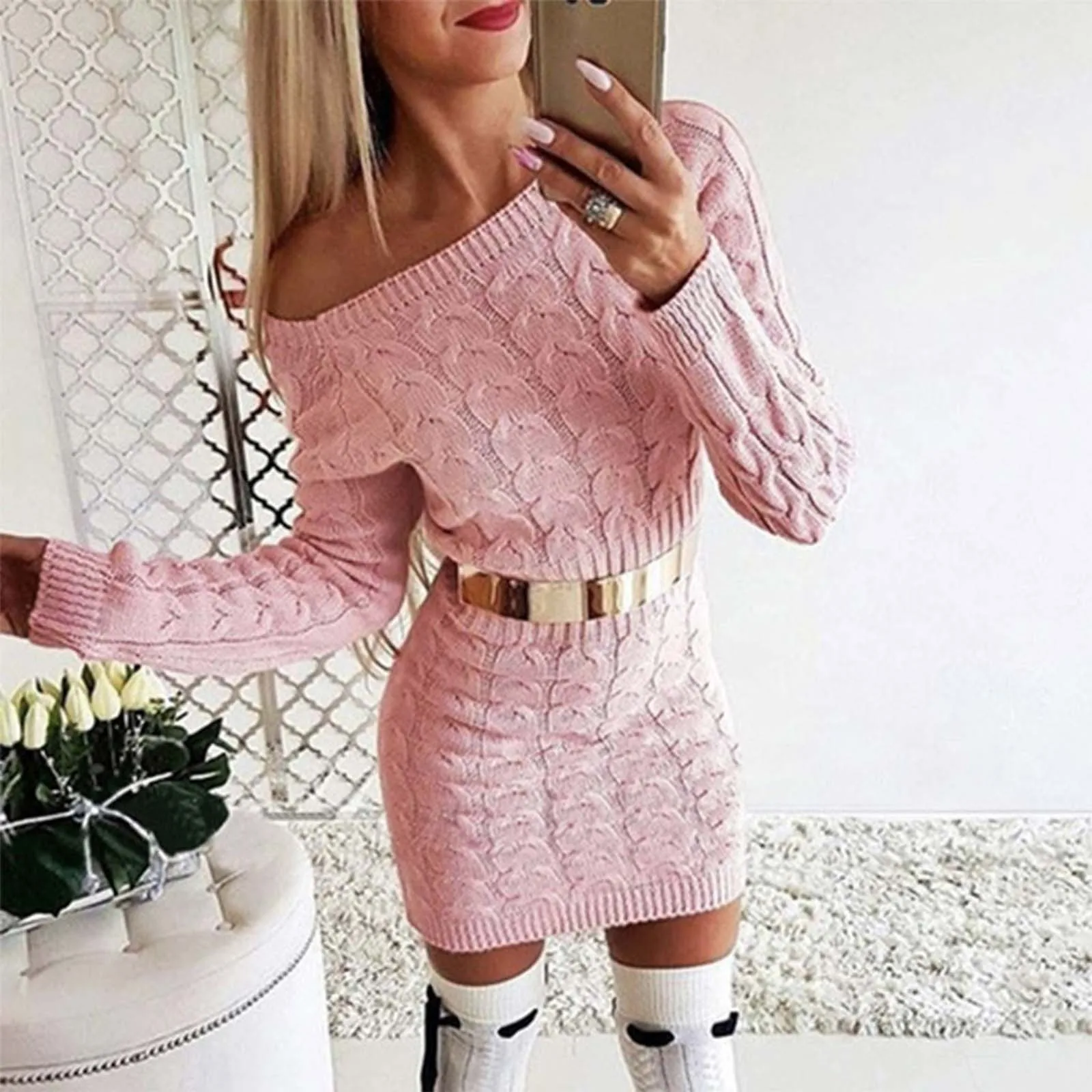 Knitted Sweater Dress Long Sleeve Casual Women Autumn Winter 2023 Clothes Without Belt 2024 Autumn Winter