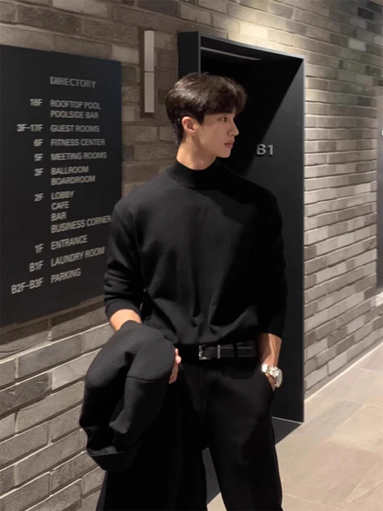

Men's Fce Lined f High Ne Knitwear Bla Warm Base Layer Sweater Korean Sle Loose Fit Long Sve Casual Faion