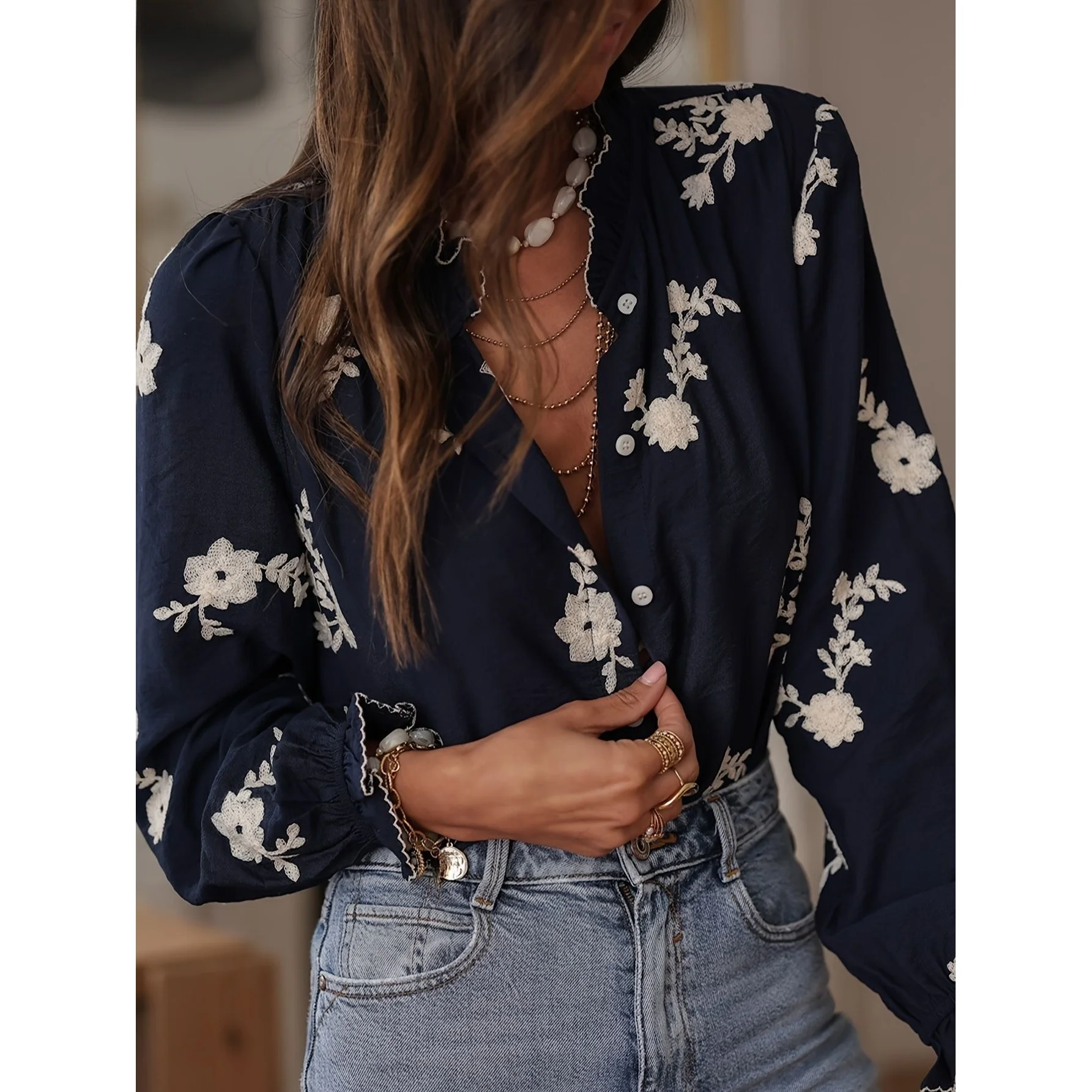 

Spring 2026 Women's Long Sleeve Embroidered Chiffon Shirt Street Style Slim Fit V-Neck Fashionable Women's Clothing