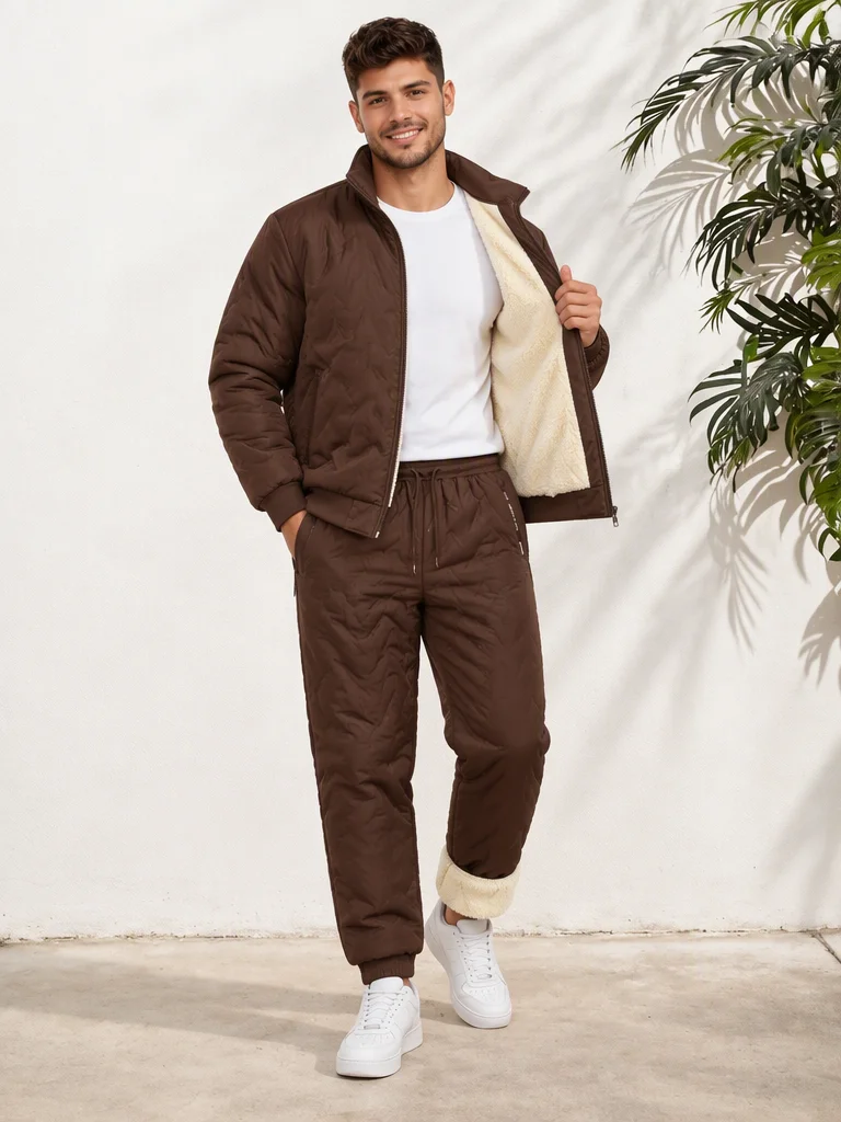Mens Thick Lined Sports Tracksuit Stand Collar Quilted Jacket And Rib Cuff Sweatpants