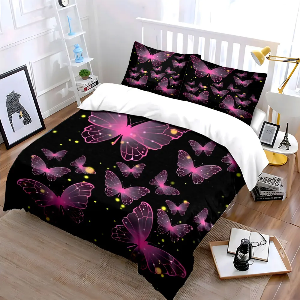 3Pcs Pink Glowing Butterfly Bedding Set, Translucent Butterflies with Sparkles Print Duvet Cover + 2 Pillowcases, Dreamy Decor