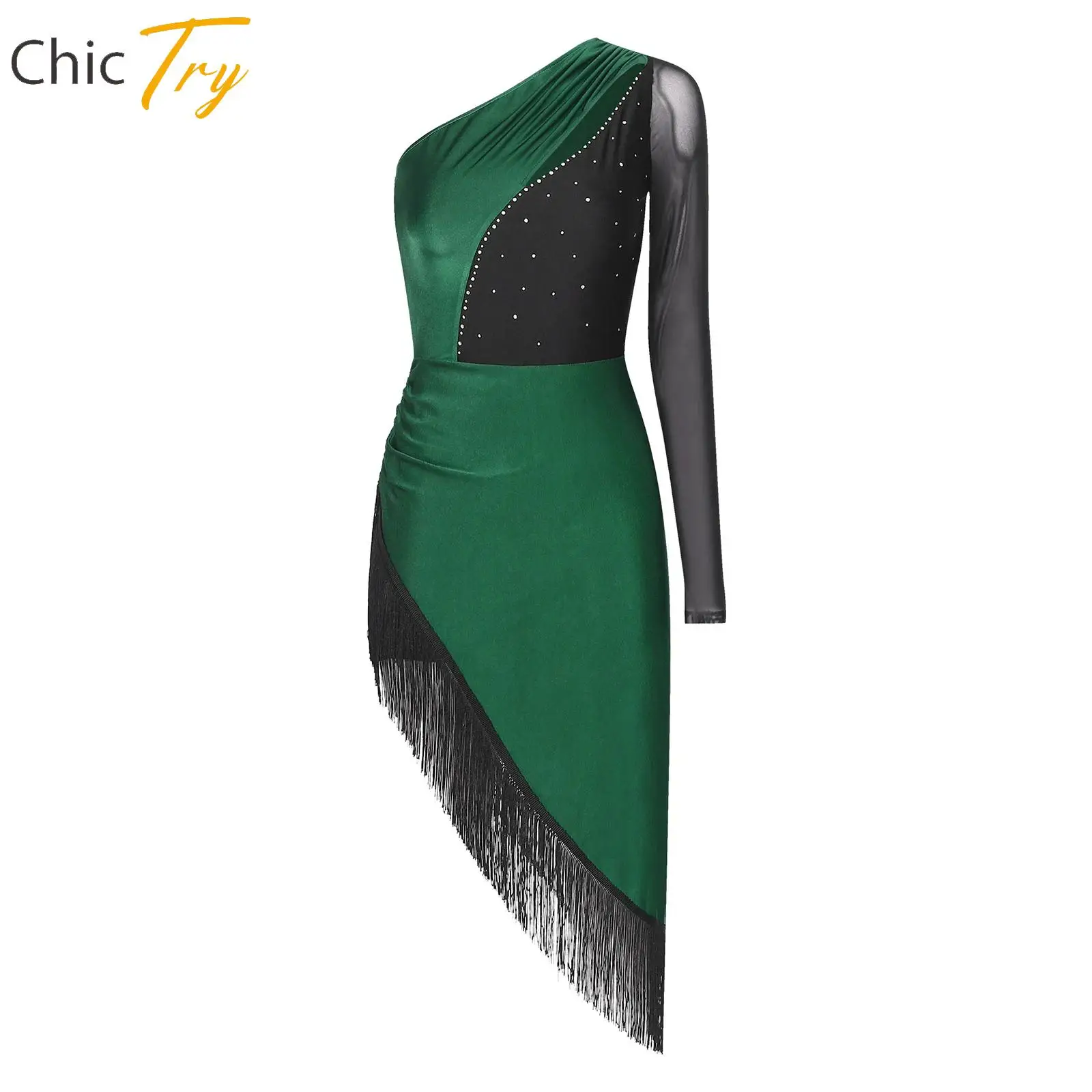 

Womens Tassel Latin Dance Performance Dress Salsa Tango Ballroom Dancing Dress Shiny Rhinestones One Shoulder Dress Dancewear
