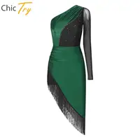 Vestido de baile latino con borlas para mujer, vestido de baile de salón, Salsa, Tango, diamantes de imitación brillantes, vestido de un hombro, Ropa de baile