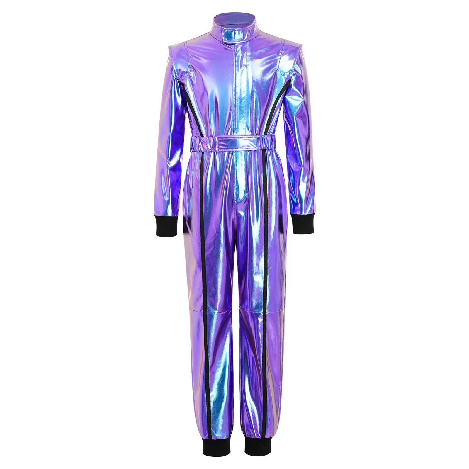 Boys Alien Robot Spacemen Astronaut Carnival Cosplay Costume Motorcycle Racing Jumpsuit Zipper Metallic Bodysuit with Belt view 3