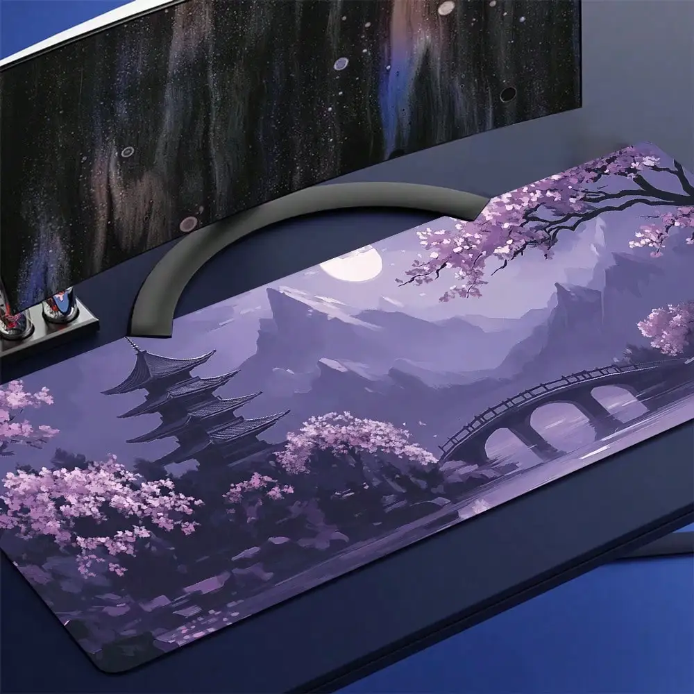 1pc Extra Large Gaming Mouse Pad - Non-Slip Rubber Base, Extra Long Desk Mat, Japanese Cherry Blossom Pagoda Pattern, Purple Background Watercolor Art Design