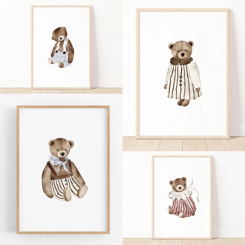 Pink Ballet Dancer Bear Bow and Cute Teddy Bear Canvas Painting Funny Minimalist Wall Art Boho Nursery Print Kids Room Decor
