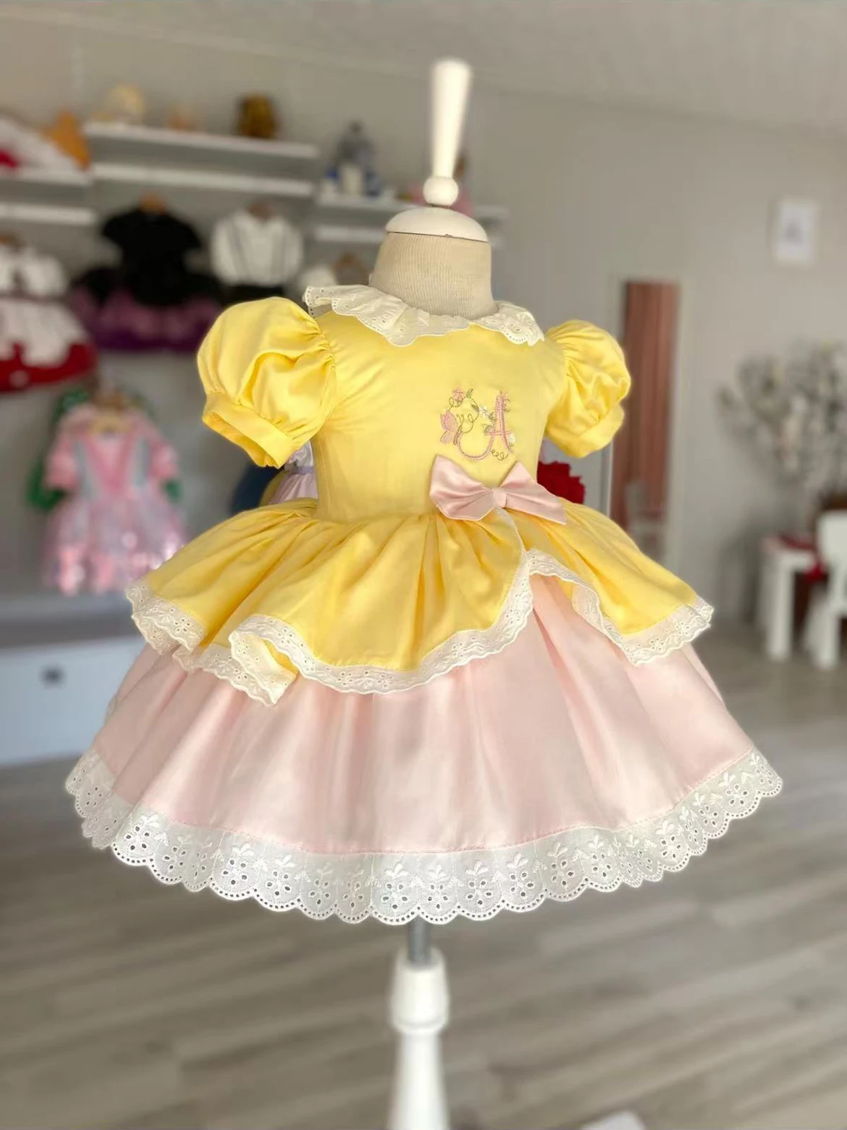 Summer Girl Cute Letter Embroidery Lace Yellow Pink Dress For Casual Party Birthday Wedding Photography