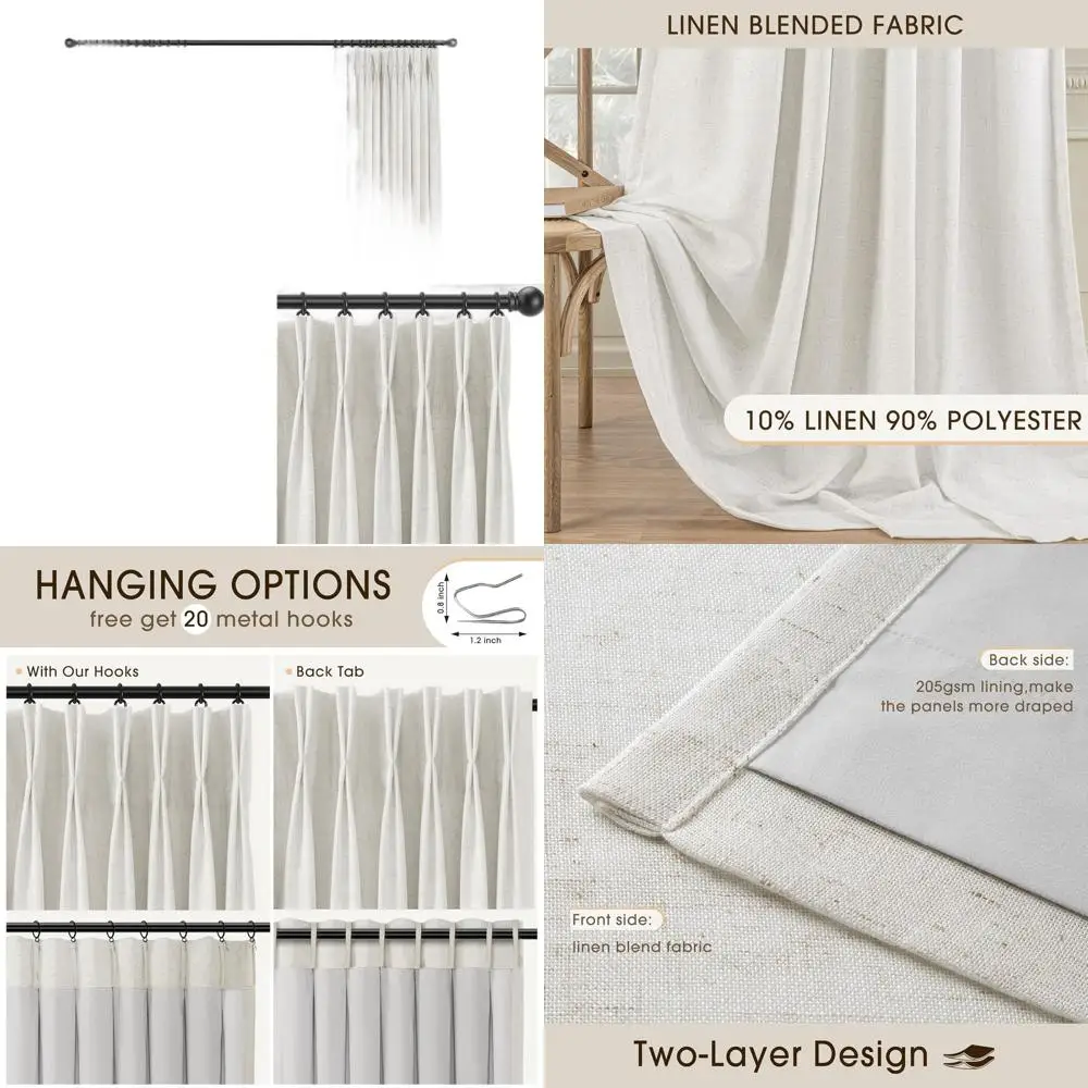

Thermal Insulated Linen Pinch Pleat Curtains, 100% Blackout, 96 Length, 2-Panel Set, Natural White