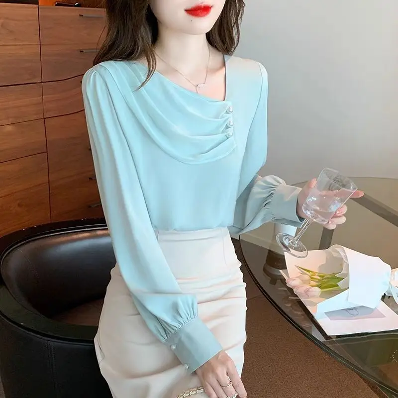 Diagonal Collar Button Blue Chiffon Shirt Spring Summer Fashion Blouse 2023 Korean Style Elegant Long Sleeve Shirt for Female