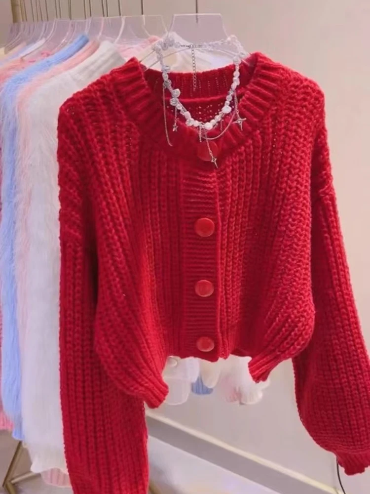 

Осенний корейский женский милый свободный однотонный короткий кардиган с круглым вырезом и длинными рукавами, повседневная однобортная куртка