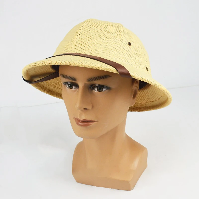 

100% Straw Helmet Pith Sun Hat, Vietnam War Army Style Dad Boater Bucket Hat for Safari Jungle Miners, Hiking Gardening Cap​