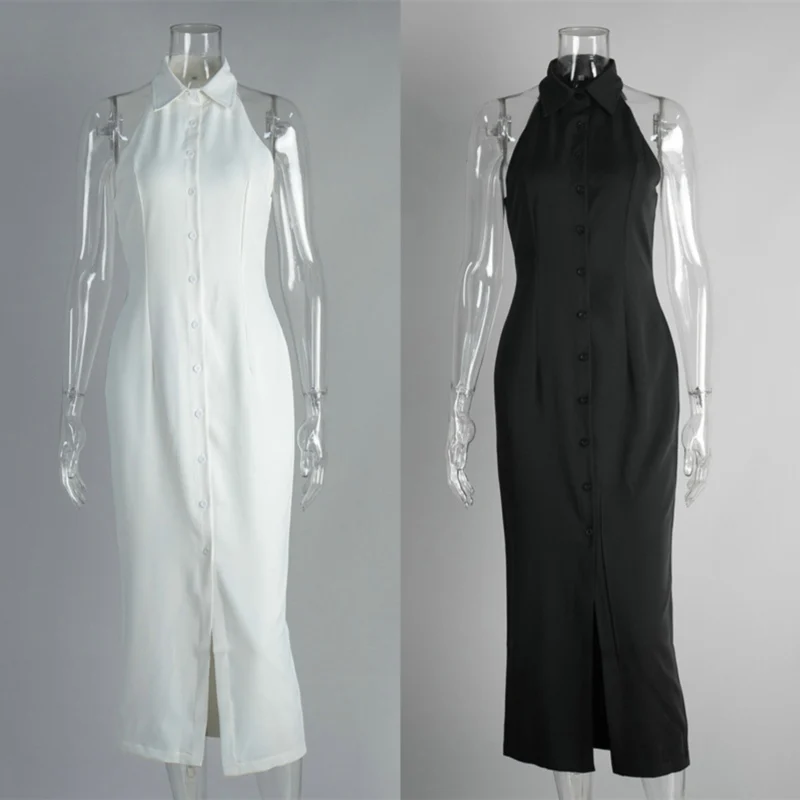 Turn Down Collar Sleeveless Split Long Dress Woman Elegant Slim Single Breasted Dresses Summer Fashion Simple Women Clothes