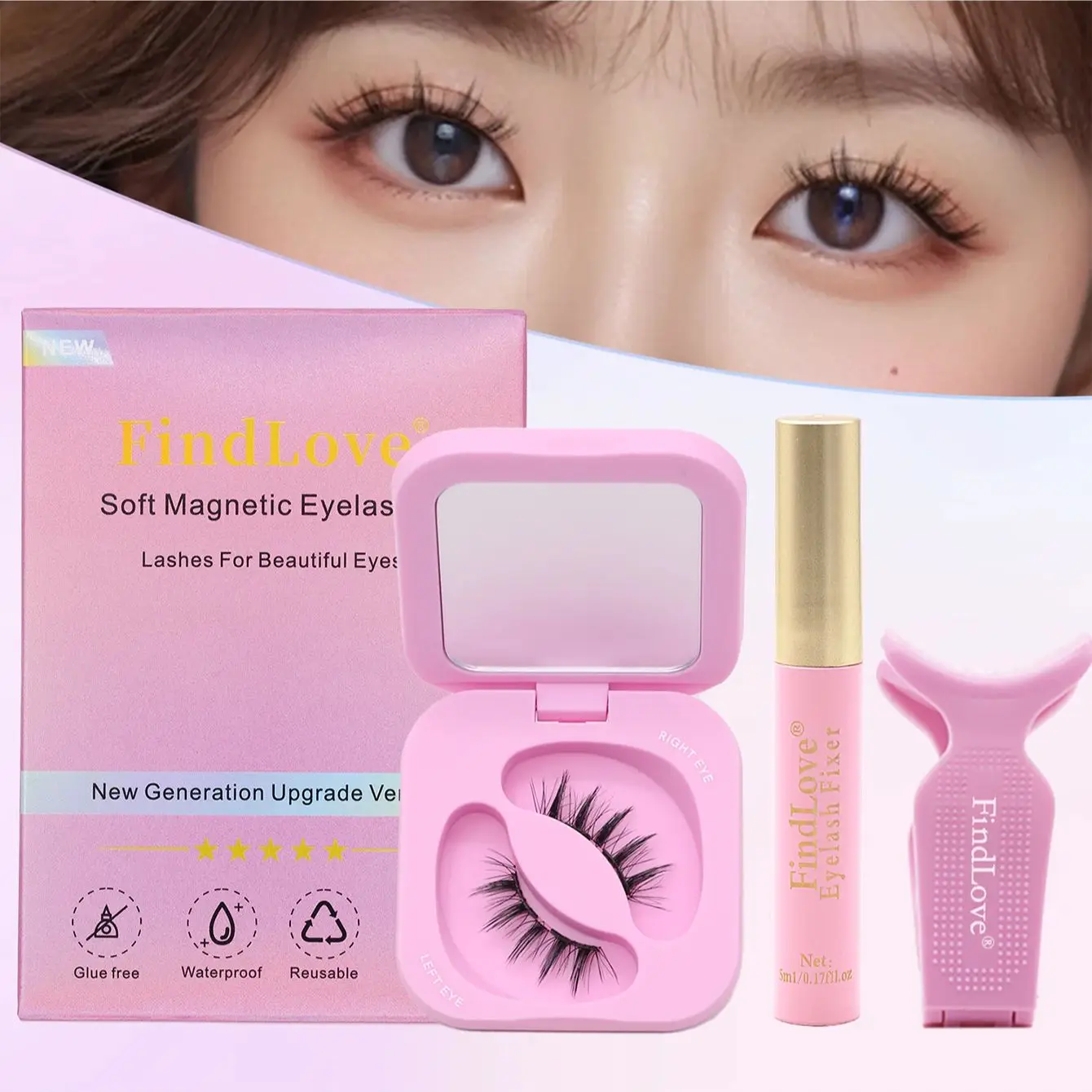 FindLove Soft Magnetic Lashes Reusable Magnetic Eyelash Extension Set With Wearing Clip Eyelash Styling Gel Natural Soft Lashes