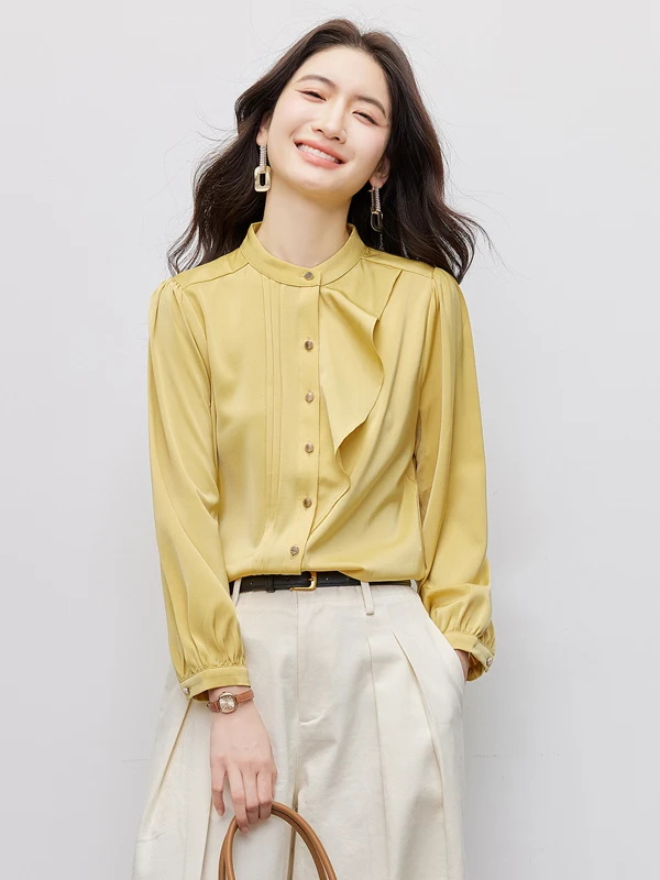 

Yellow Long Sleeve Shirt Women's 2026 New Spring Office Commute Design Sense Fashion Slimming Polyester Fiber Blouse