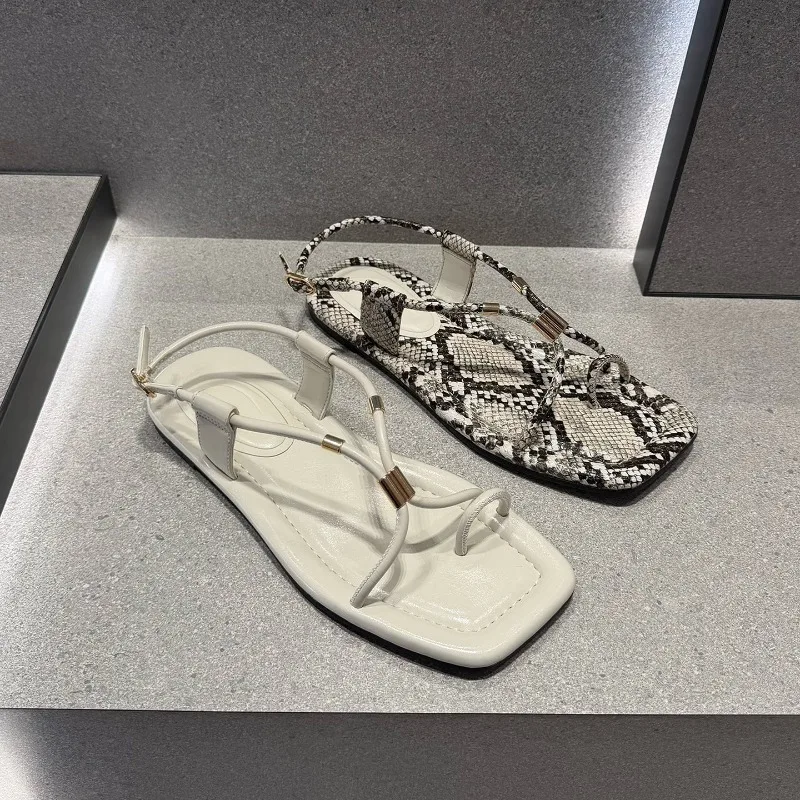 

Snake Pattern Square Toe Sandals Women Skinny and Versatile Summer New Women's Woven Ribbon Clipped Toe Flat Slippers