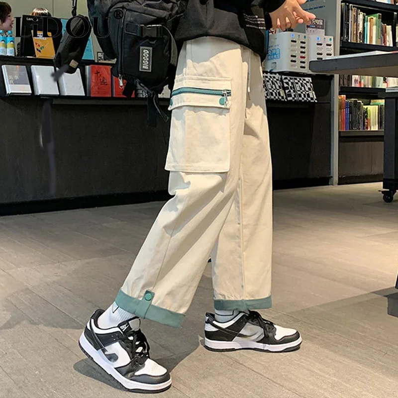 

Spring Autumn Casual Print Patchwork Cotton Wide Leg Pants Man Loose Y2k Pocket Hip Hop Cargo Straight Male Trousers Streetwear