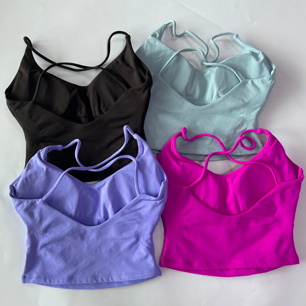 Nahtloses Trägertop Rückenfreies Gepolstertes Gym-Top für Damen mit überkreuzten Rückenriemen, eingebautem BH, herausnehmbaren Cups, Activewear Yoga-Shirt Tanktops – Detail 5