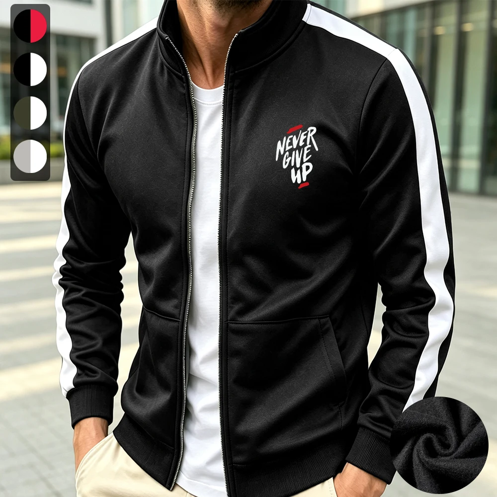 Men's Inspirational Slogan Print Stand Up Collar Zip Up Jacket For Spring And Autumn Running Fitness Training Casual Outerwear