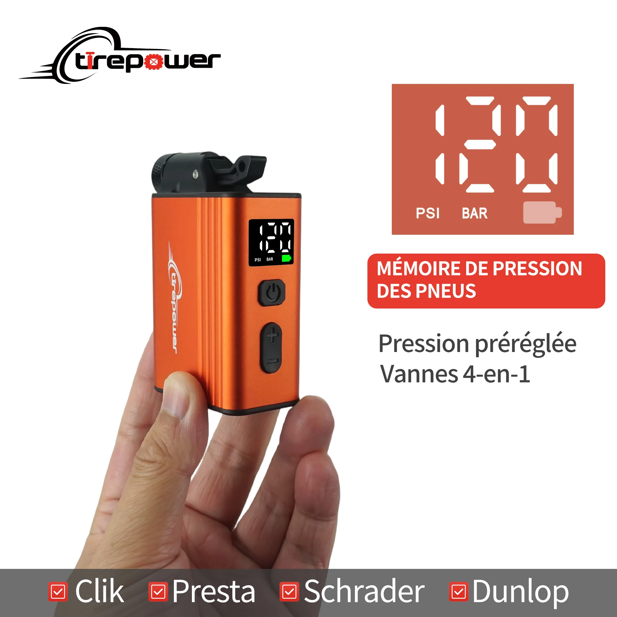 120 PSI 휴대용 전동 공기 주입 펌프, 맞춤형 타이어 공기압 디스플레이 타이어 인플레이터, MTB 로드 바이크용, 슈레더 프레스타 클릭 밸브 포함