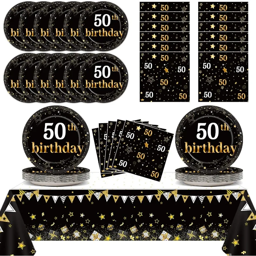 Suministros para fiesta de 50 cumpleaños, 24 sirve, platos de papel para fiesta de 50 años, color negro y dorado, bolsitas, mesa de decoración para 50 años