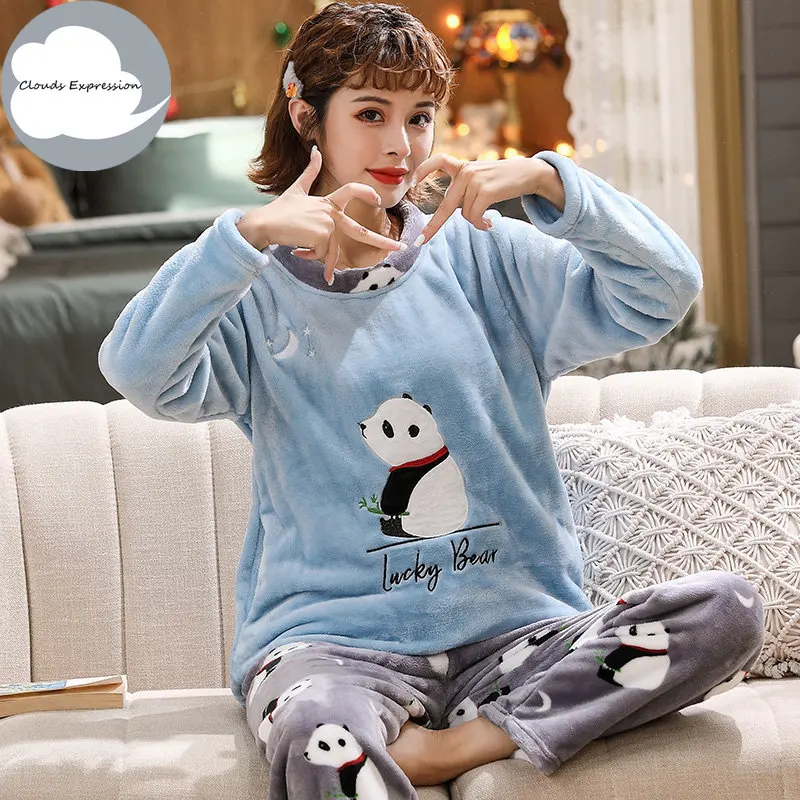 Winter Warm PJ Flannel Women Sleepwear Pajamas Girls Cartoon Print Pajama Set Pullover Coral Fleece Pijamas Mujer Home Suits 3XL