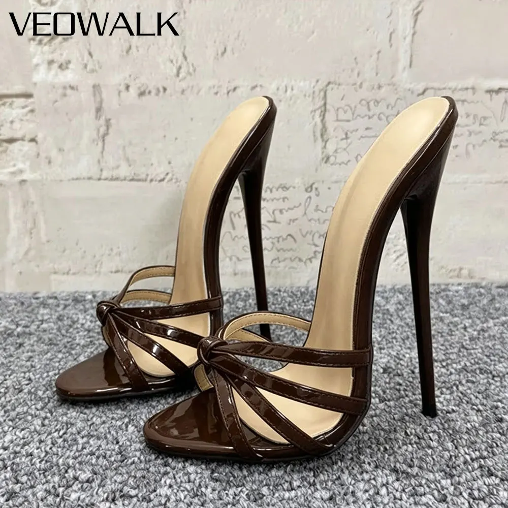 14/16CM Ultra High Heels Peep Toe Mules Coffee Patent Slingback Stilettos,Pole Dance Drag Queen Party Slipper Show Unisex Shoes