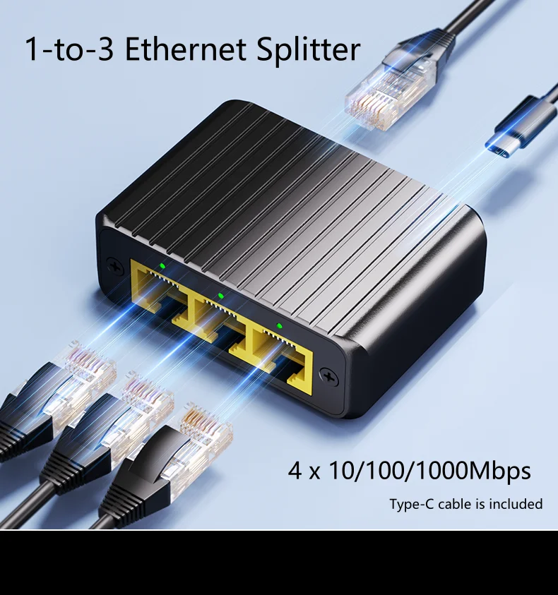 4 Port Gigabit Ethernet Switch , 1-to-3 Ethernet Splitter , Network Switch 1in3out1000Mbps  Hub for RJ45, Supports Cat5/5e/6/7/8