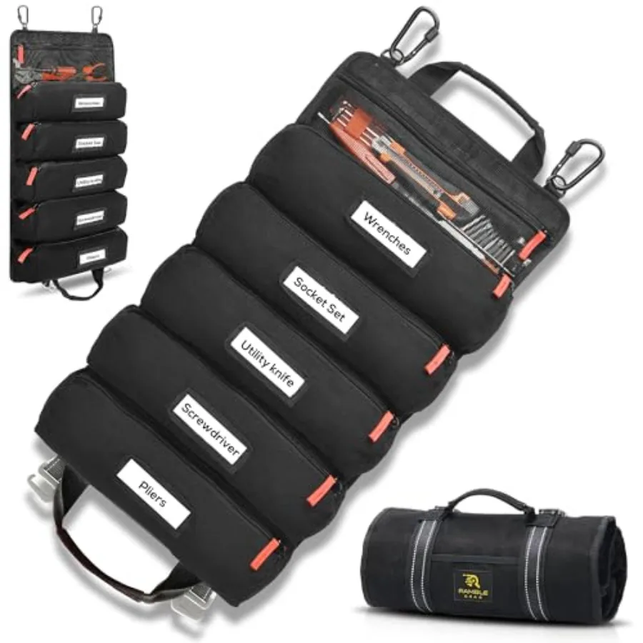 

Roll up tool bag with Carabiners - 5 Large Oversized Pockets with Labels-Tool roll bag organizer - Canvas foldable tool Bag org