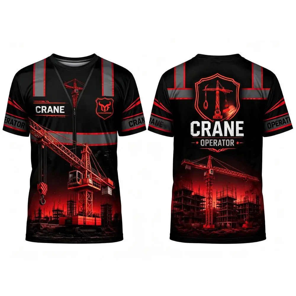 2026 New Men's Tower Crane Lifting 3D Printed T-Shirt Summer Breathable Workwear For Construction Workers Outdoor Work Top